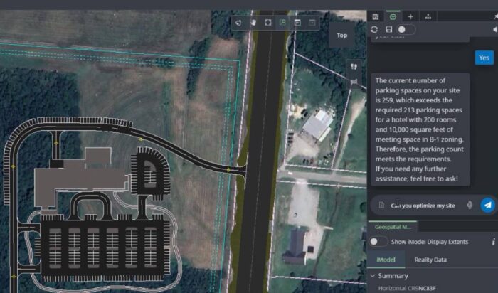 Bentley’s OpenSite+ software with copilot uses organization-specific documents and design models for quick insights and edits. (Image courtesy of Bentley Systems)