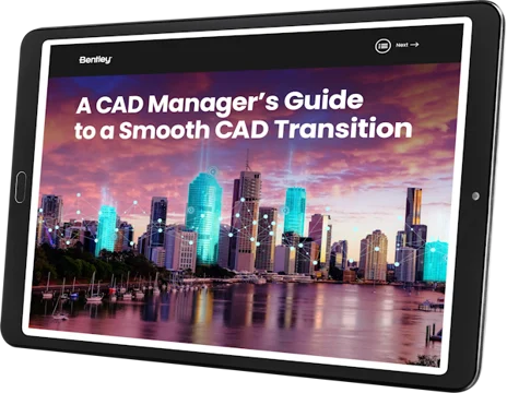 Tablet screen displaying "A CAD Manager's Guide to a Smooth CAD Transition with MicroStation" alongside an image of a city skyline at dusk. | Bentley Systems | Infrastructure Engineering Software Company Tablet screen displaying "A CAD Manager's Guide to a Smooth CAD Transition with MicroStation" alongside an image of a city skyline at dusk.
