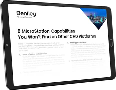 A tablet displays a document titled "8 MicroStation Capabilities You Won't Find on Other CAD Platforms" by Bentley, detailing unique CAD features. | Bentley Systems | Infrastructure Engineering Software Company A tablet displays a document titled "8 MicroStation Capabilities You Won't Find on Other CAD Platforms" by Bentley, detailing unique CAD features.