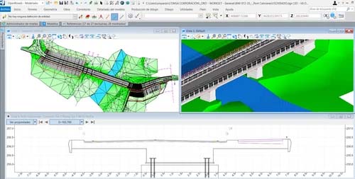 A computer screen displaying MicroStation software with 3D and 2D models of a bridge structure overlaid on a terrain map. Diagrams showing different views and measurements related to the bridge design are also visible.