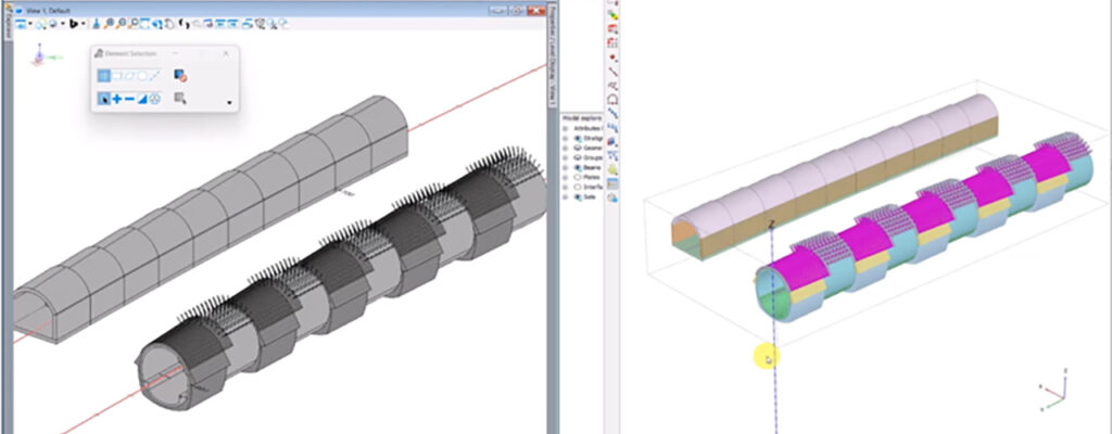 Two computer screens display 3D modeling software with cylindrical segmented objects, highlighting multidiscipline design elements in grayscale and color—ideal for civil infrastructure teams working on complex projects.