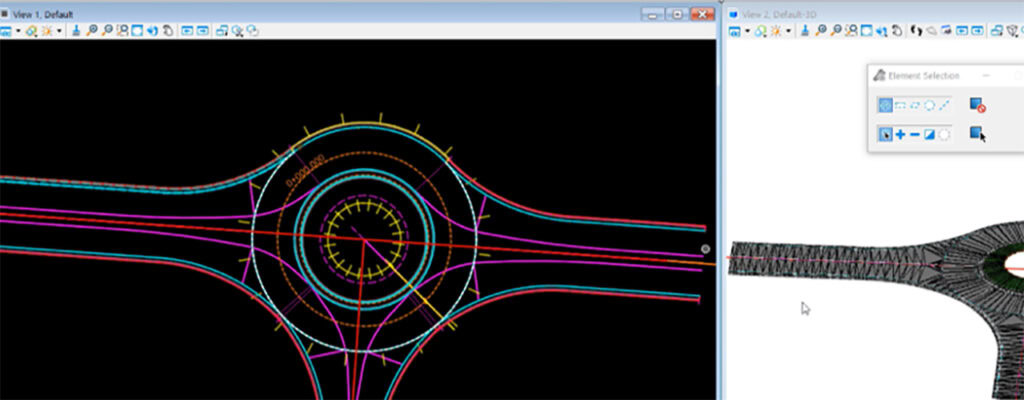 Screenshot of a computer-aided design (CAD) program displaying a technical drawing and 3D model of a roundabout road intersection layout for Civil Infrastructure projects by multidiscipline design teams.