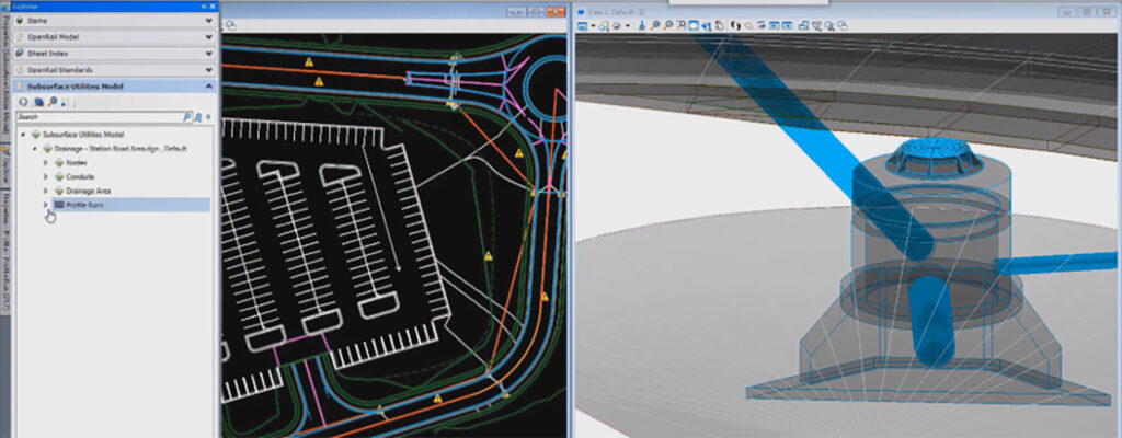 Split screen displays CAD software: left shows a civil infrastructure site plan with routing lines; right features a 3D model of a mechanical component. Perfect for design teams working on multidiscipline design projects.