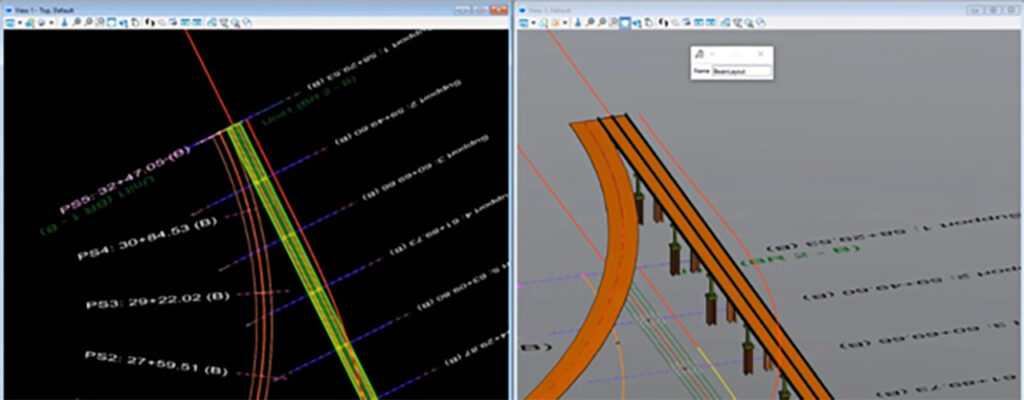 Side-by-side screenshots of engineering software highlight a curved structural design with detailed measurements and annotations, showcasing multidiscipline design capabilities for civil infrastructure teams.