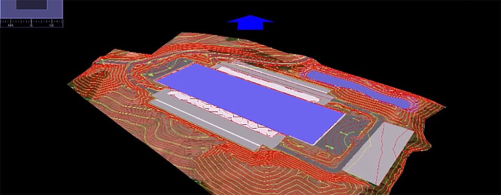 3D topographic model showing a site plan with elevation contour lines, rectangular structures, and a blue directional arrow pointing upward—ideal for civil infrastructure projects and collaboration among multidiscipline design teams.