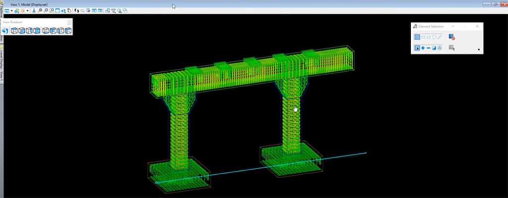 A computer-aided design (CAD) software window displays a wireframe model of a bridge—essential for civil infrastructure—supported by two columns, shown in green on a black background, streamlining design teams' multidiscipline collaboration.