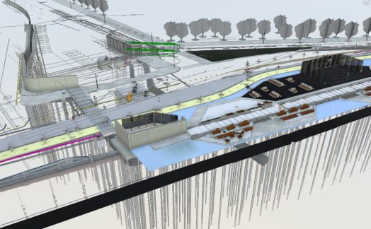 Discover the digital architectural model that presents a detailed cross-section of a multi-level infrastructure with roads, pathways, trees, and underground components, expertly crafted using SYNCHRO techniques. SYNCHRO case sudy