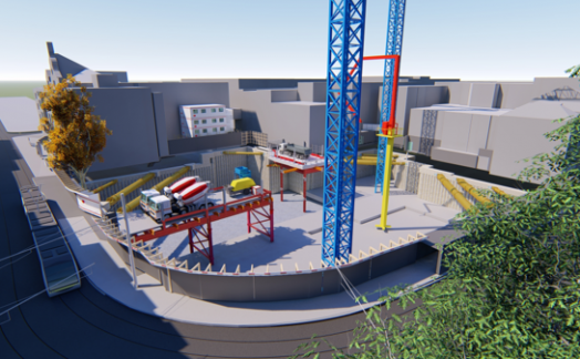 A construction site featuring a blue crane, scaffolding, and various machinery is bustling in Dublin City Centre; surrounding buildings and a small tree are visible, showcasing the progress of digital construction with 4D models. A construction site featuring a blue crane, scaffolding, and various machinery is bustling in Dublin City Centre; surrounding buildings and a small tree are visible, showcasing the progress of digital construction with 4D models.