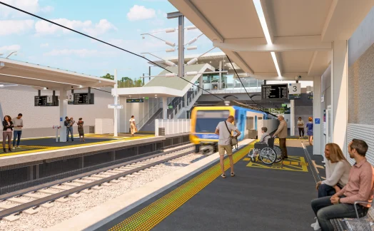 A modern train station platform with a SYNCHRO train arriving. People are waiting, including a person in a wheelchair. The platform has accessible features and information screens, reflecting the latest innovations seen in urban transportation case studies. A modern train station platform with a SYNCHRO train arriving. People are waiting, including a person in a wheelchair. The platform has accessible features and information screens, reflecting the latest innovations seen in urban transportation case studies.