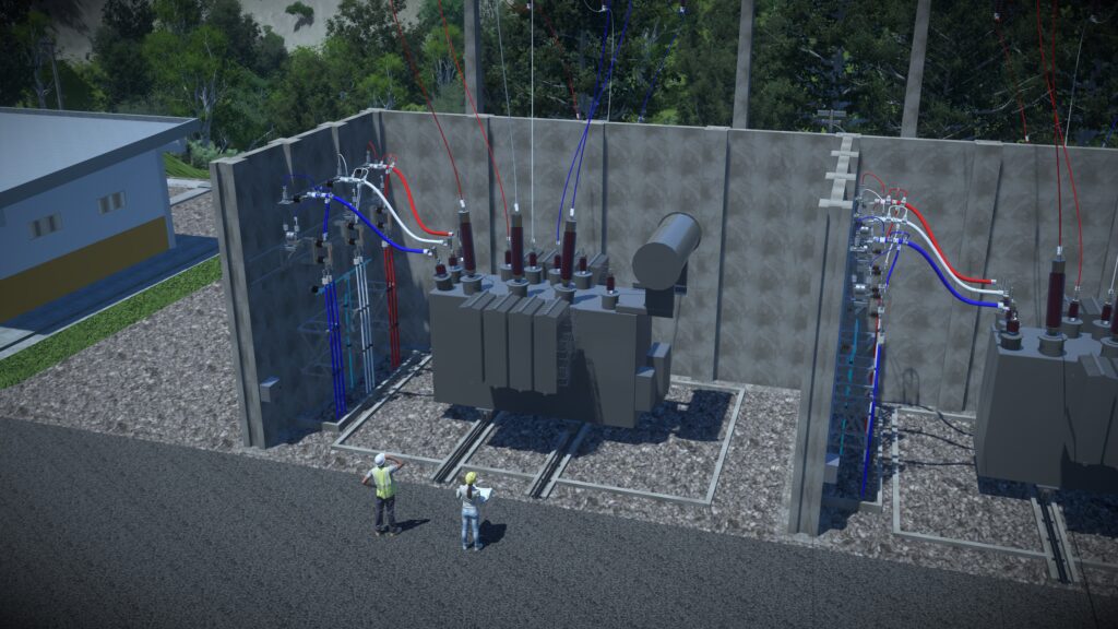Two workers stand near large electrical transformers and power lines in an outdoor COPEL Distribuição substation, surrounded by concrete barriers and trees—a prime scene for a case study on power distribution infrastructure. | Bentley Systems | Infrastructure Engineering Software Company Two workers stand near large electrical transformers and power lines in an outdoor COPEL Distribuição substation, surrounded by concrete barriers and trees—a prime scene for a case study on power distribution infrastructure.