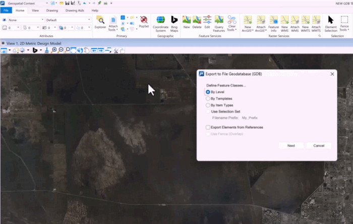 A computer screen shows geospatial software with a satellite map and an "Export to File Geodatabase (GDB)" options window open.
