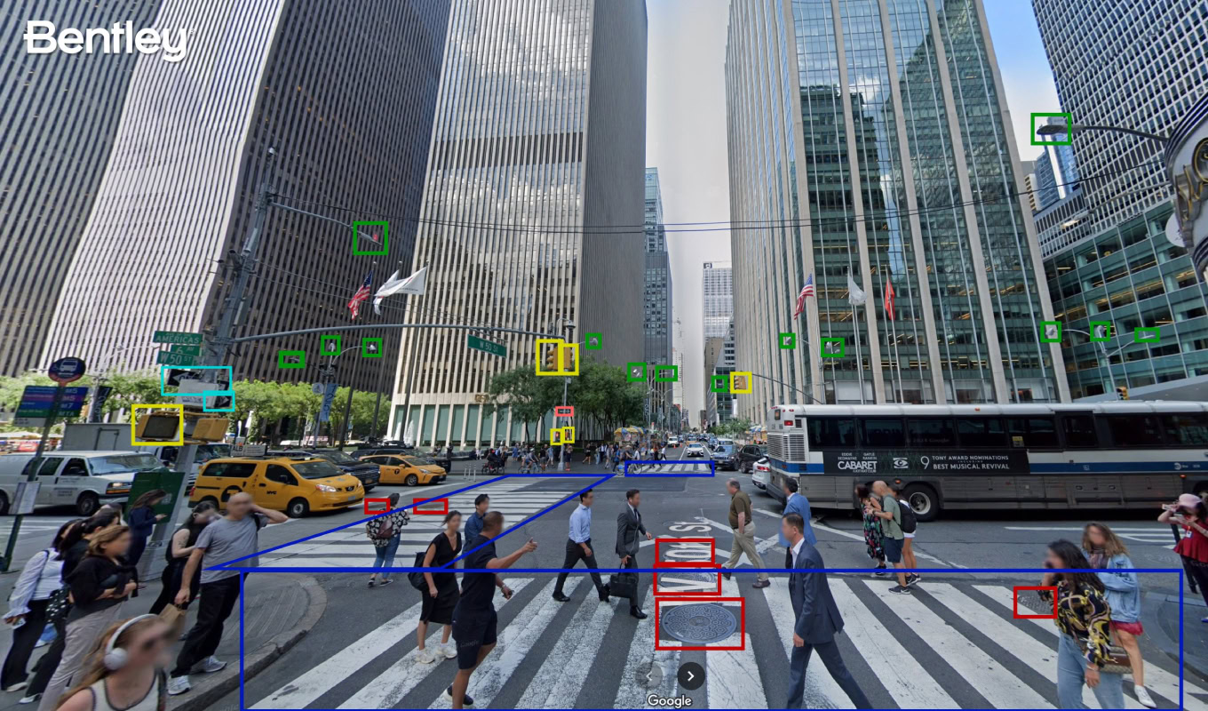 An example of how Bentley’s Blyncsy technology can be used with Google Street View imagery to detect roadway issues and assets, from potholes and crosswalk paint condition to street signs and traffic lights. (Photo: Bentley Systems)