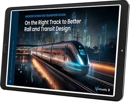 A tablet displaying an advertisement titled "On the Right Track to Better Rail and Transit Design" with an image of a modern train moving through a futuristic cityscape, highlighting Virtuosity’s expertise in infrastructure design. The ad features MicroStation for better infrastructure solutions. | Bentley Systems | Infrastructure Engineering Software Company A tablet displaying an advertisement titled "On the Right Track to Better Rail and Transit Design" with an image of a modern train moving through a futuristic cityscape, highlighting Virtuosity’s expertise in infrastructure design. The ad features MicroStation for better infrastructure solutions.
