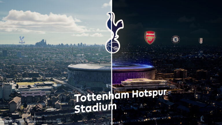 Aerial 3D view of Tottenham Hotspur Stadium; left half shows a daytime cityscape, right half glows with Premier League rival team logos lighting up the night sky.