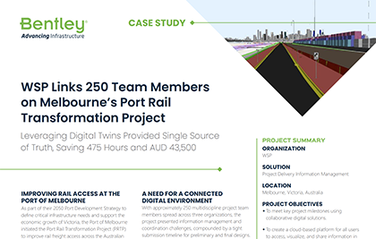 Infographic summarizing the Melbourne port rail transformation project by WSP and Bentley Systems, highlighting digital solutions with ProjectWise and time savings. | Bentley Systems | Infrastructure Engineering Software Company Infographic summarizing the Melbourne port rail transformation project by WSP and Bentley Systems, highlighting digital solutions with ProjectWise and time savings.