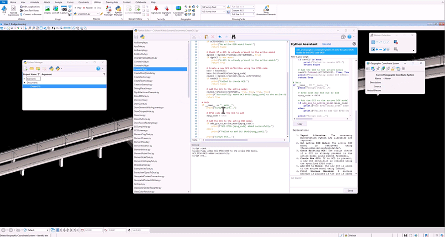 Screenshot of a 3D modeling software showing a script editor with Python code, an object properties window, and a rendered bridge model in the main workspace.