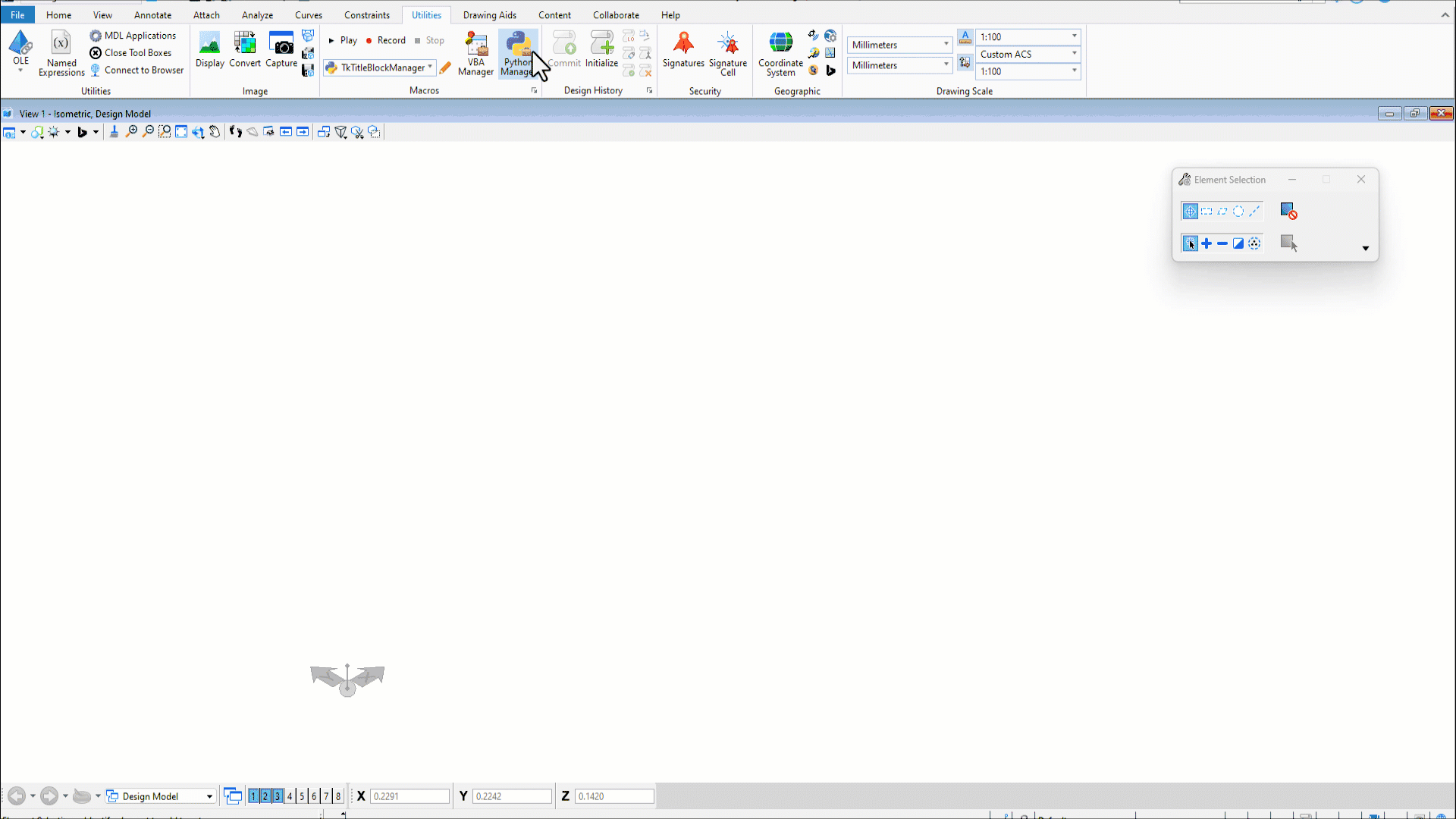 Screenshot of Bentley MicroStation software interface displaying toolbars at the top and a large blank drawing area in the center with a small navigation cube in the bottom left corner.